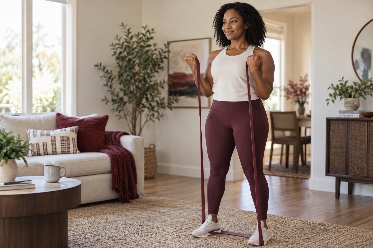 Illustrative image of a woman exercising at home