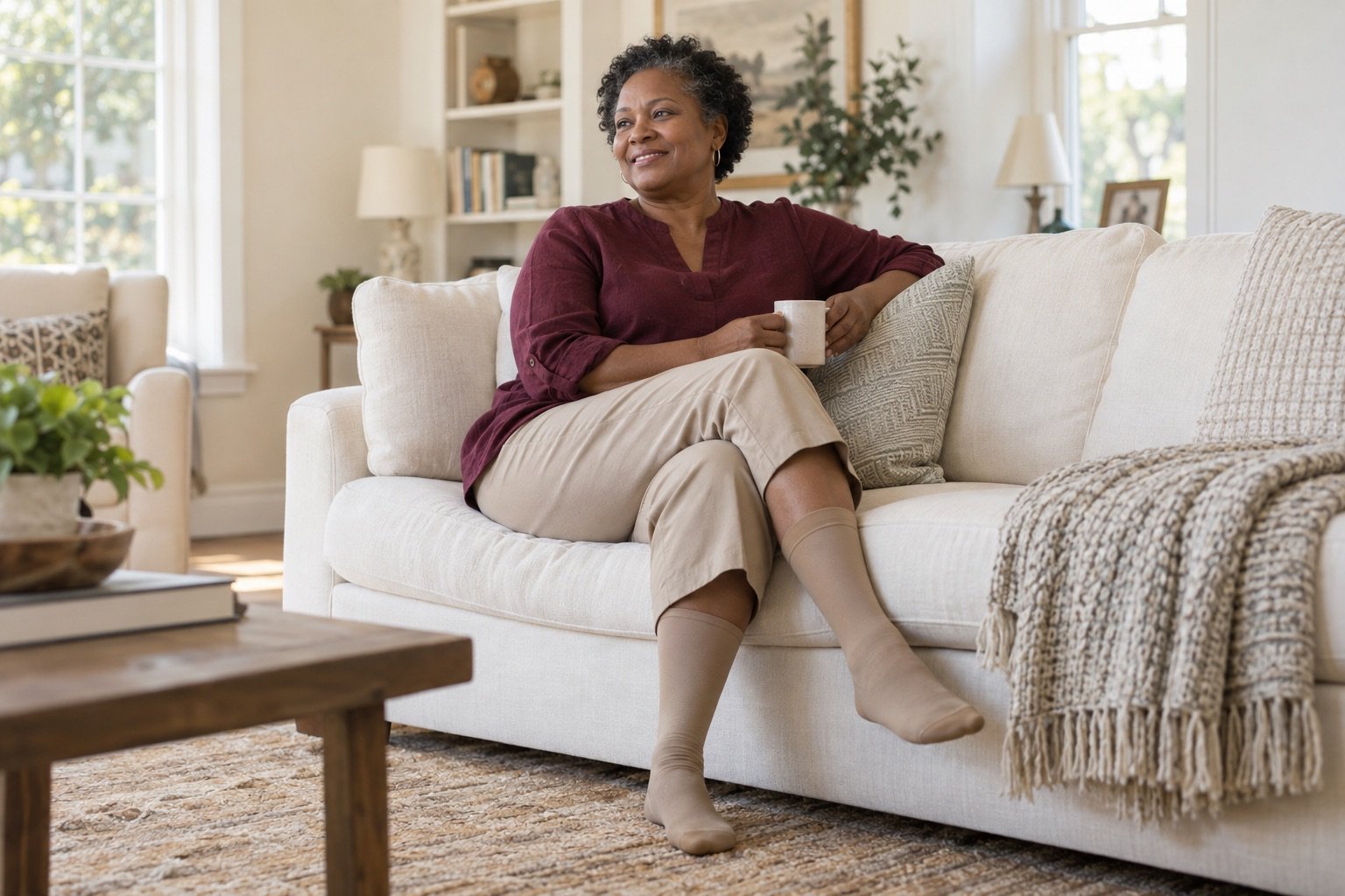 Illustrative image of a woman wearing compression stockings
