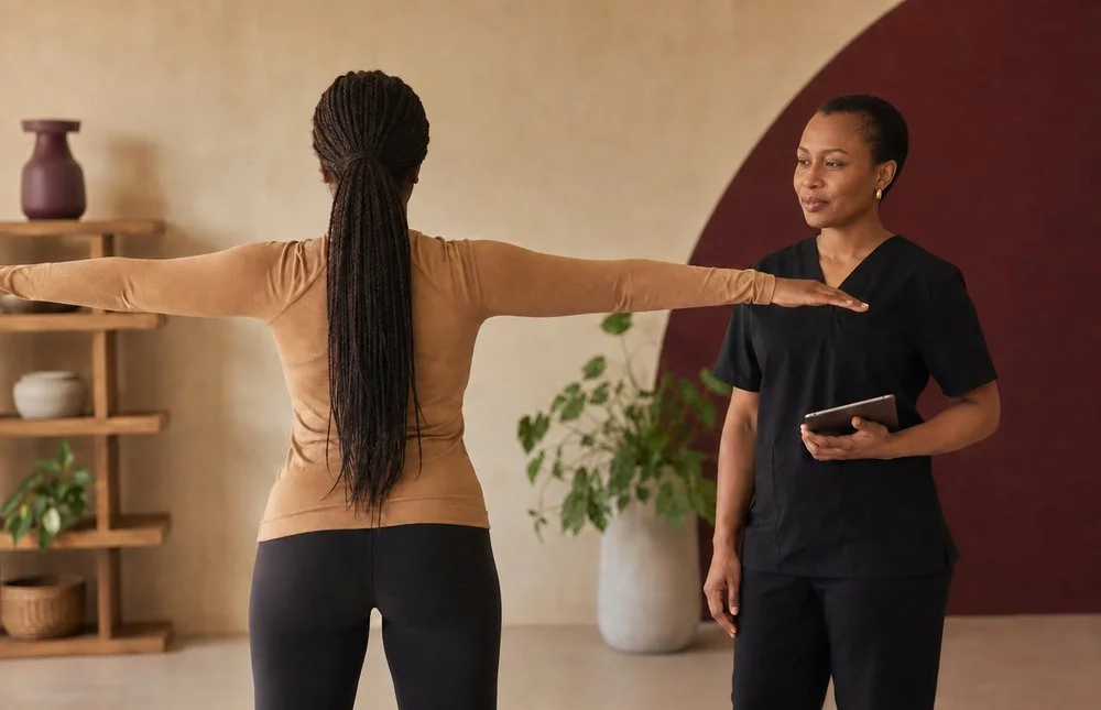 Illustrative image: a therapist watches a woman raise her arms during a movement assessment